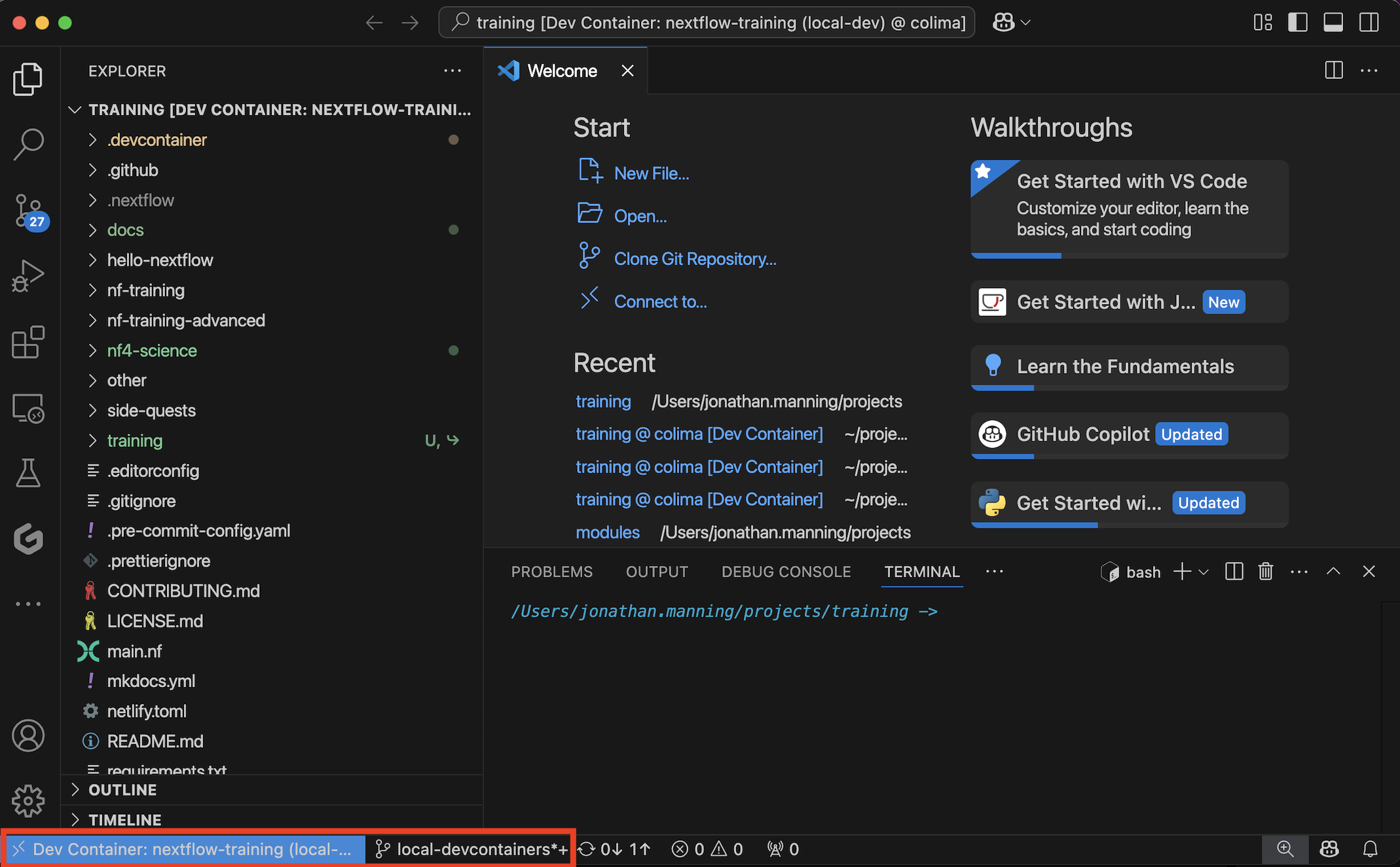 VS Code amb devcontainer en execució
